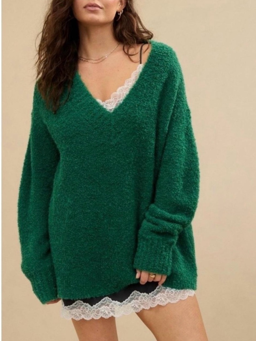 Aerie Green Fuzzy Boucle Off Shoulder Sweater Cozy Oversized Size Medium